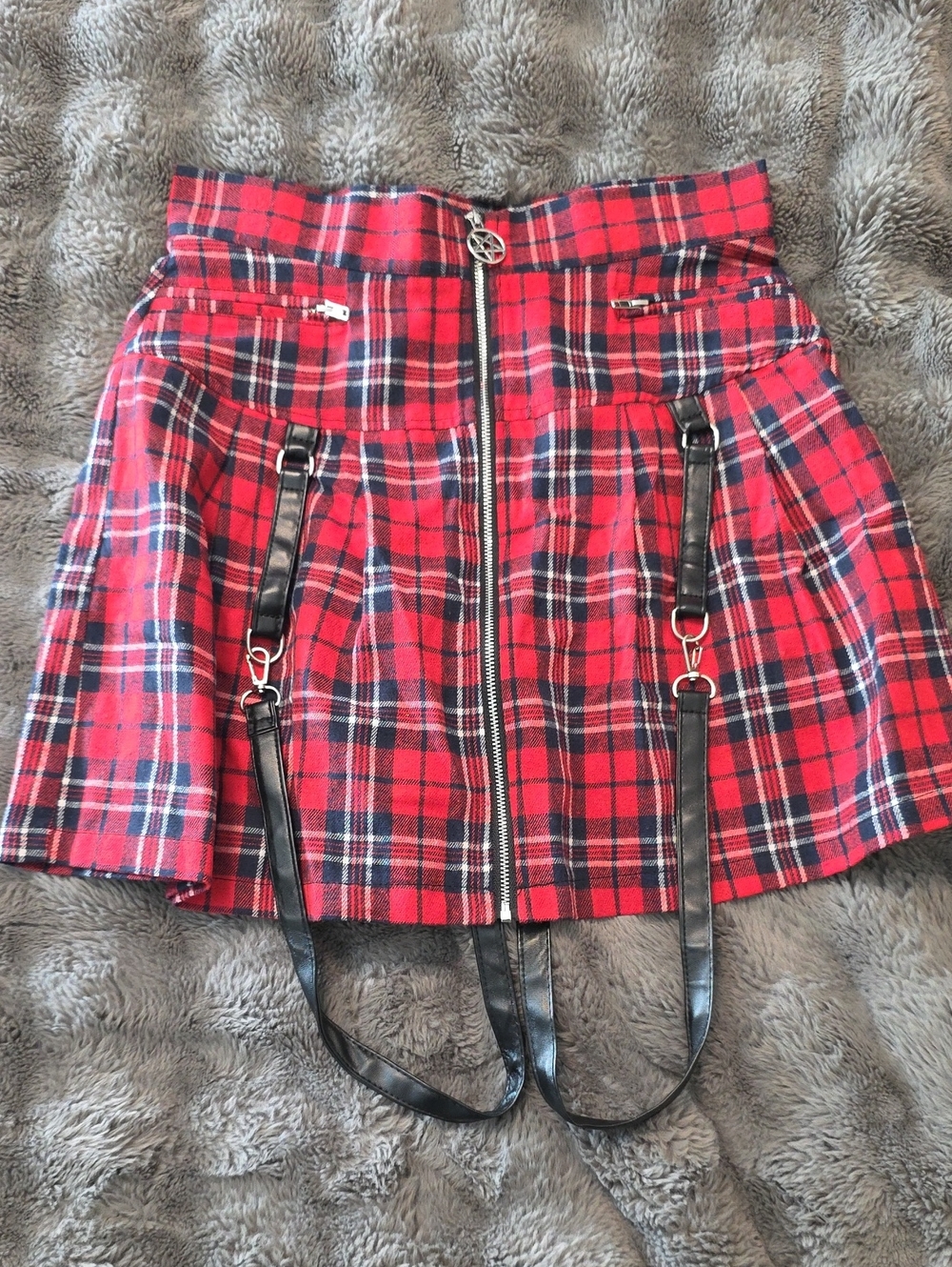 Source Unknown Red Plaid Mini Skirt with Black Strap Details